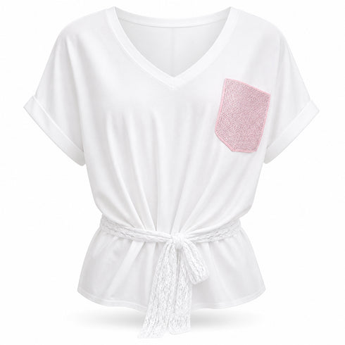T-SHIRT BIANCA CON TASCHINO ROSA E DETTAGLIO IN PIZZO (67)