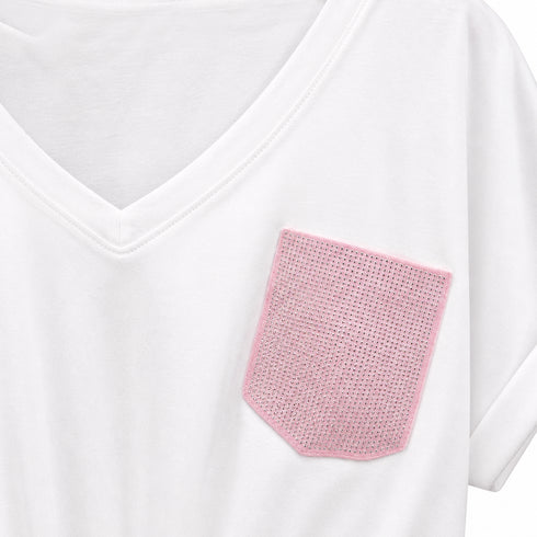 T-SHIRT BIANCA CON TASCHINO ROSA E DETTAGLIO IN PIZZO (67)