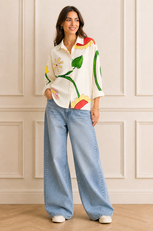 CAMICIA A RIGHE CON STAMPA FLOREALE MULTICOLOR (73)