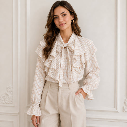 CAMICIA A QUADRETTI CON RUCHES E FIOCCO (74)