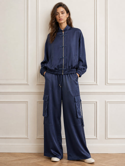TENSIONE IN COMPLETO IN RASO BLU NAVY CON PANTALONE CARGO (93)