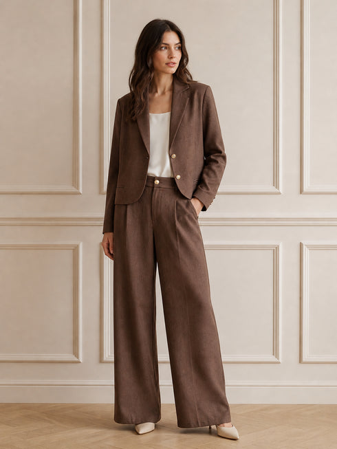 HAVEONE COORDINATO ELEGANTE MARRONE CON BLAZER CORTO E PANTALONE AMPIO (92)