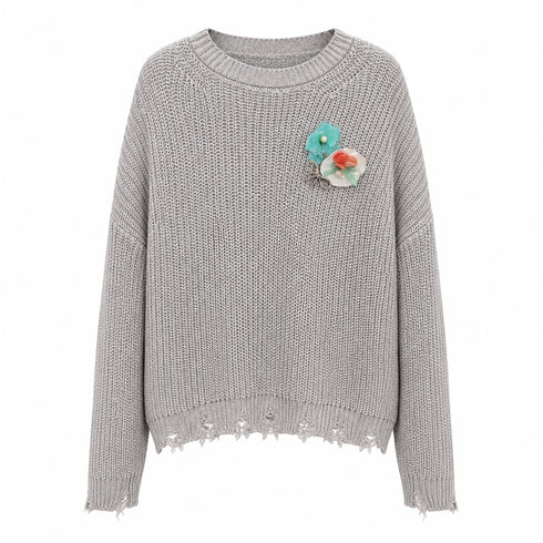 MAGLIONE IN MAGLIA GRIGIO CON APPLICAZIONE FLOREALE (106)