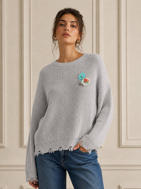 MAGLIONE IN MAGLIA GRIGIO CON APPLICAZIONE FLOREALE (106)