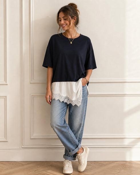 T-SHIRT CORTA CON INSERTO IN PIZZO (79)