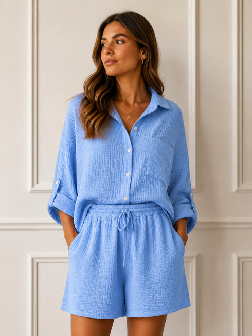 COMPLETO ESTIVO IN COTONE CON CAMICIA E SHORTS (113)