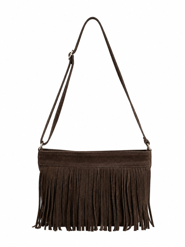 BORSA A SPALLA IN PELLE CON FRANGE MARRONE (122)