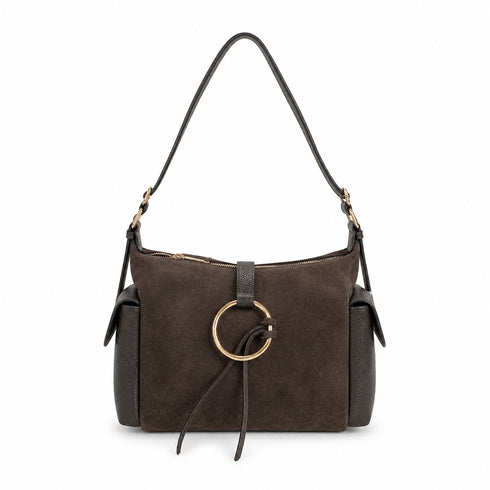 BORSA A SPALLA IN PELLE MARRONE CON DETTAGLIO ORO (123)