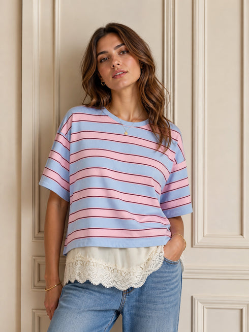 T-SHIRT RIGATA CON INSERTO IN PIZZO (72)