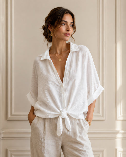CAMICIA MORBIDA IN GARZA DI COTONE CON NODO FRONTALE (28)