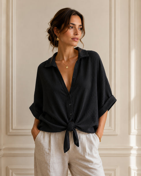 CAMICIA MORBIDA IN GARZA DI COTONE CON NODO FRONTALE (28)