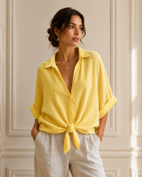 CAMICIA MORBIDA IN GARZA DI COTONE CON NODO FRONTALE (28)