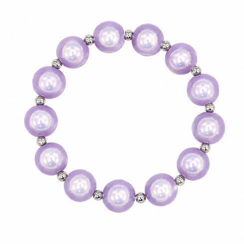 BRACCIALE ELASTICO CON PERLE LILLA IRIDESCENTI E SFERE ARGENTO