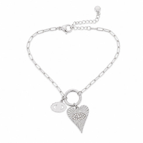 BRACCIALE CATENA ARGENTO CON CUORE PENDENTE E CHARMS