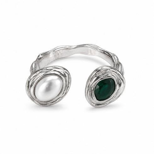 ANELLO APERTO IN ARGENTO CON PERLA E PIETRA VERDE