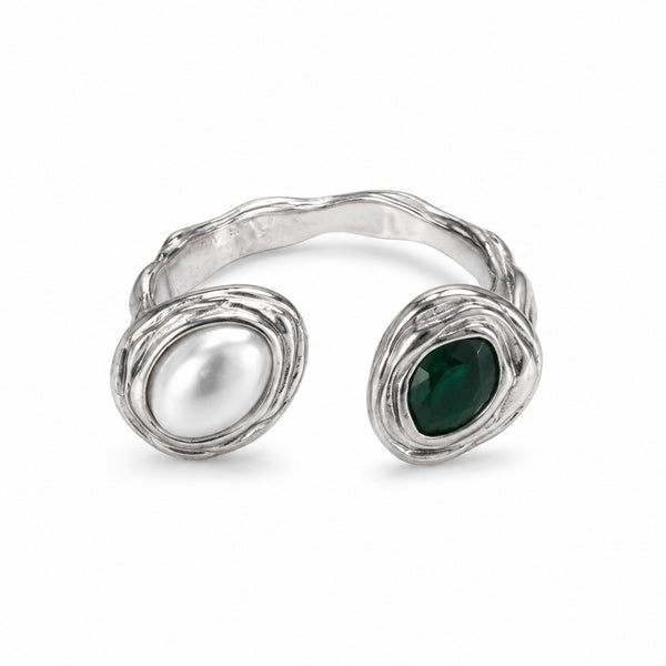 ANELLO APERTO IN ARGENTO CON PERLA E PIETRA VERDE