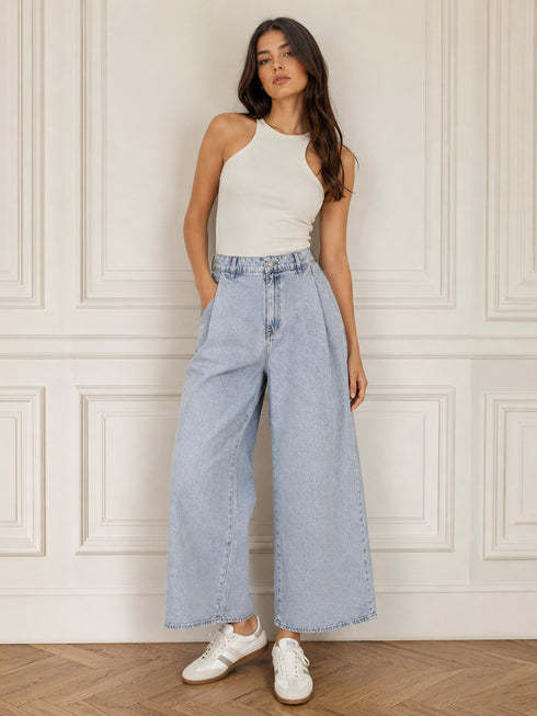 PANTALONE BAGGY IN DENIM CHIARO A VITA ALTA (130)