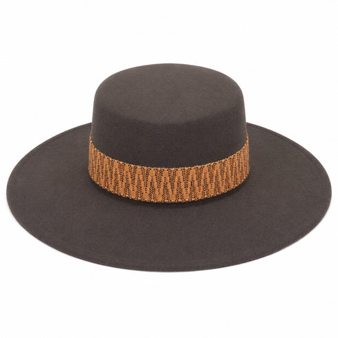 CAPPELLO A TESA LARGA IN FELTRO MARRONE CON FASCIA DECORATIVA