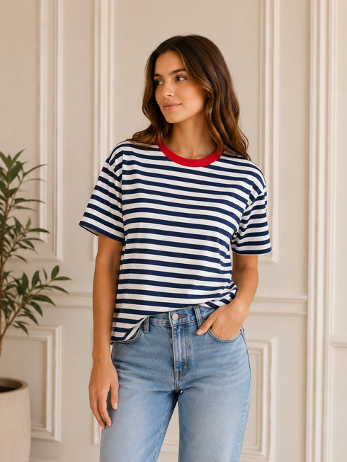 HAVEONE,T-SHIRT RIGATA IN VISCOSA CON SCOLLO A CONTRASTO (2)