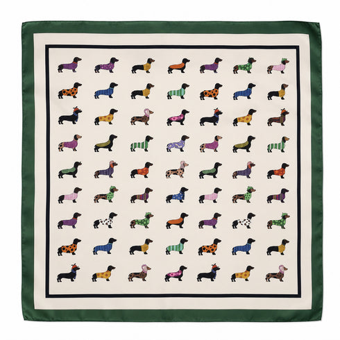 FOULARD IN SETA CON STAMPA BASSOTTI E BORDO VERDE