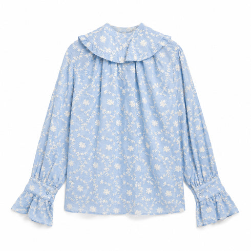 CAMICIA AZZURRA RICAMATA CON FIOCCO E ROUCHES (156)