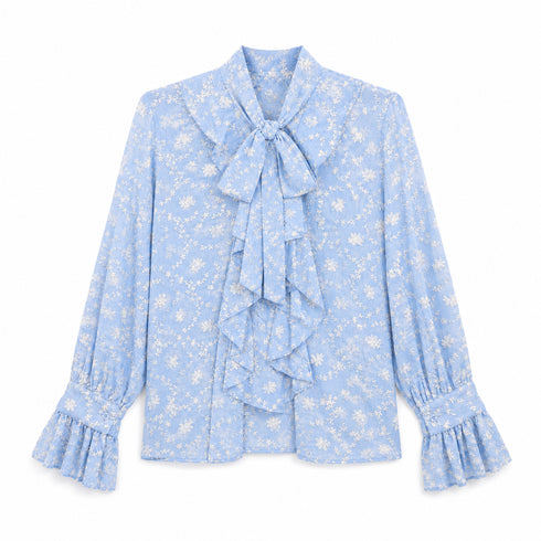 CAMICIA AZZURRA RICAMATA CON FIOCCO E ROUCHES (156)