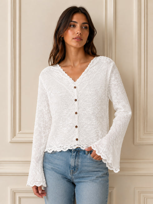 CARDIGAN IN PIZZO BIANCO CON MANICHE A CAMPANA (169)