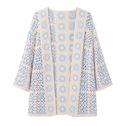 CARDIGAN ALL'UNCINETTO MOTIVO FLOREALE AZZURRO E PANNA (171)