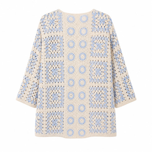 CARDIGAN ALL'UNCINETTO MOTIVO FLOREALE AZZURRO E PANNA (171)