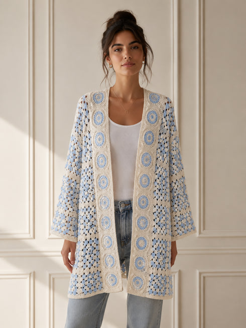 CARDIGAN ALL'UNCINETTO MOTIVO FLOREALE AZZURRO E PANNA (171)