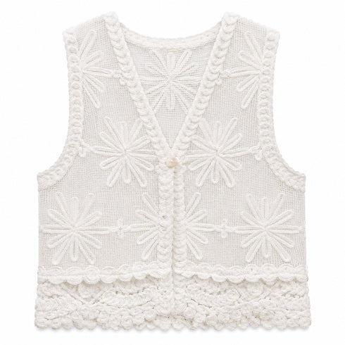 TOP GILET RICAMATO FLOREALE IN COTONE BIANCO (172)