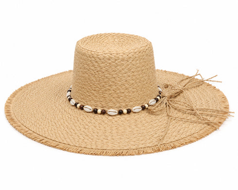 CAPPELLO IN PAGLIA A TESA LARGA CON DETTAGLIO CONCHIGLIE