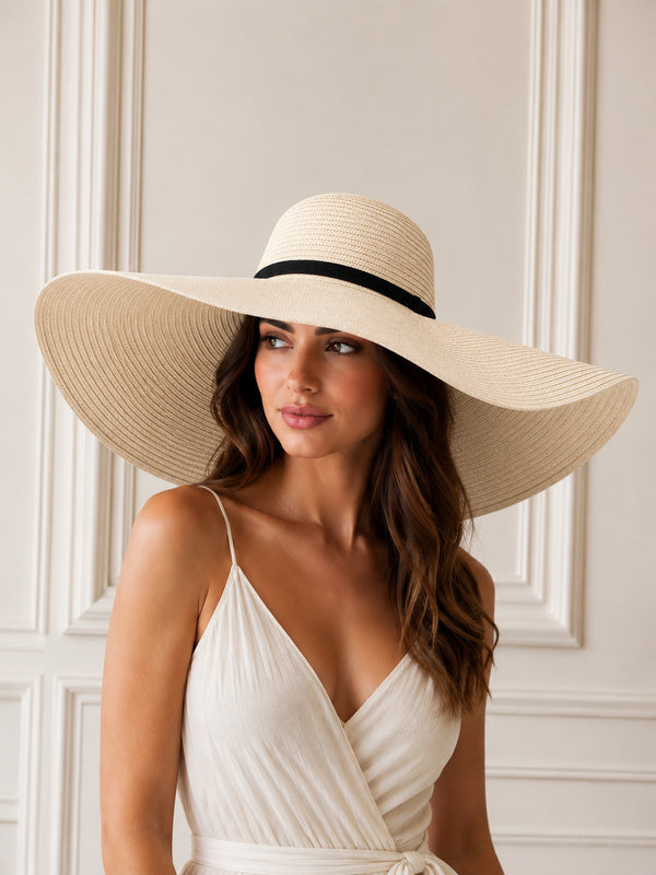 CAPPELLO A TESA LARGA ELEGANTE IN PAGLIA COLOR AVORIO
