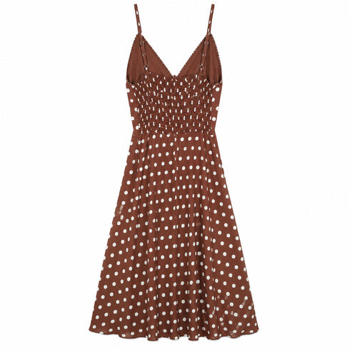 VESTITO MIDI A POIS MARRONE CON SPALLINE SOTTILI (174)