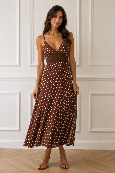 VESTITO MIDI A POIS MARRONE CON SPALLINE SOTTILI (174)