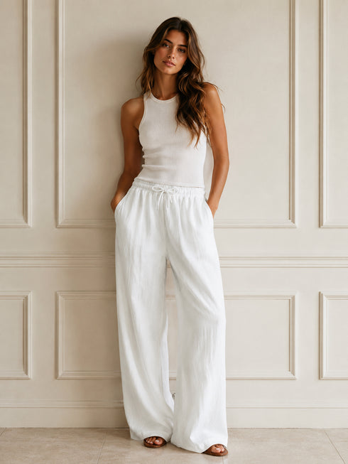 PANTALONE PALAZZO IN LINO BIANCO