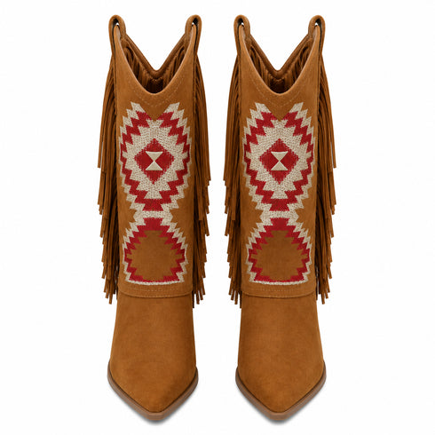 STIVALE TEXANO CAMMELLO CON FRANGE E RICAMO GEOMETRICO ROSSO