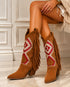 STIVALE TEXANO CAMMELLO CON FRANGE E RICAMO GEOMETRICO ROSSO