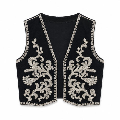 GILET NERO RICAMATO CON DECORI TRADIZIONALI A CONTRASTO