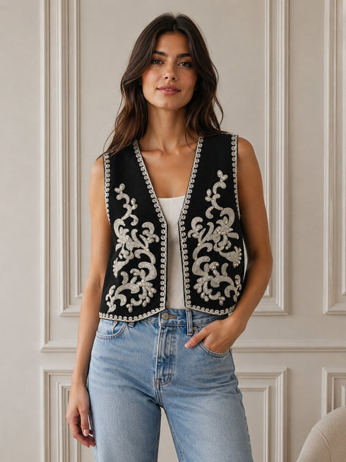GILET NERO RICAMATO CON DECORI TRADIZIONALI A CONTRASTO