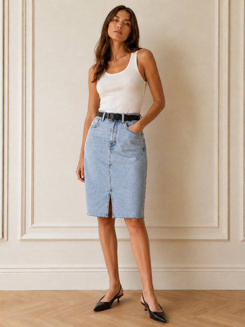 GONNA MIDI IN DENIM CHIARO CON SPACCO FRONTALE (146)