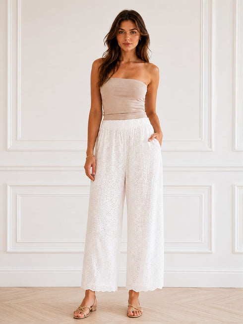 PANTALONE LUNGO PALAZZO IN PIZZO SAN GALLO BIANCO (172)