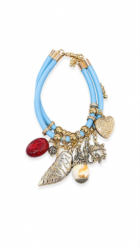 BRACCIALE AZZURRO CON CHARMS DORATI E PENDENTI