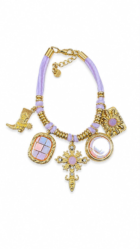 BRACCIALE WESTERN LILLA CON CHARMS DORATI