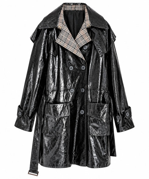 TRENCH LUCIDO NERO CON REVER CHECK