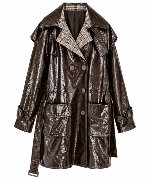 TRENCH LUCIDO NERO CON REVER CHECK