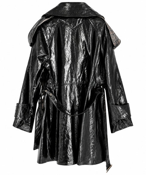 TRENCH LUCIDO NERO CON REVER CHECK