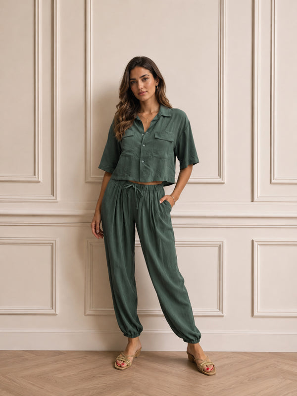 COMPLETO COORDINATO VERDE OLIVA CON CAMICIA E PANTALONE MORBIDO
