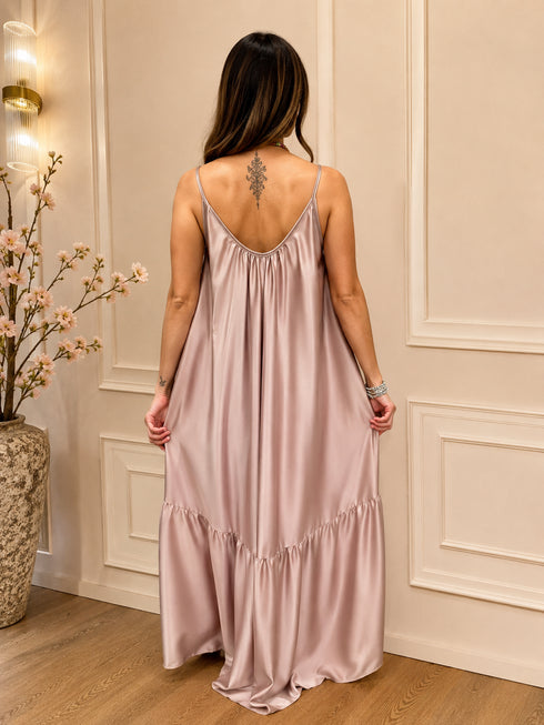 VESTITO LUNGO IN RASO CON BALZA E FIOCCO