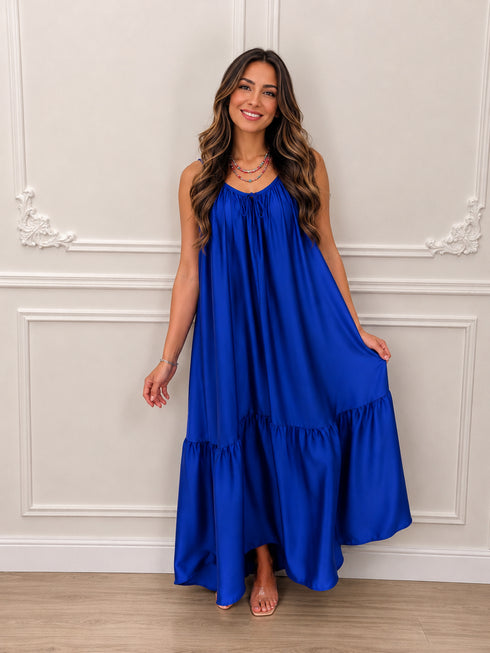 VESTITO LUNGO IN RASO CON BALZA E FIOCCO
